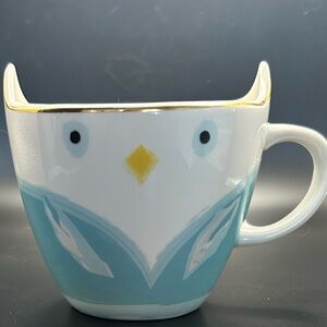 Urban Gourmet Food Owl Shaped Coffee Mug Cup Turquoise White Gold Trim 12 Ounces